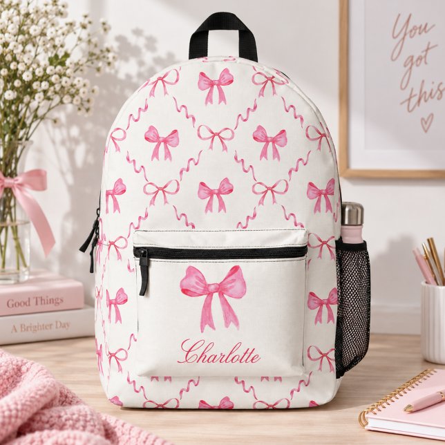 Coquette Pink Bow Printed Backpack (cute girly pink coquette bow backpack with custom name monogram in script calligraphy for girls)
