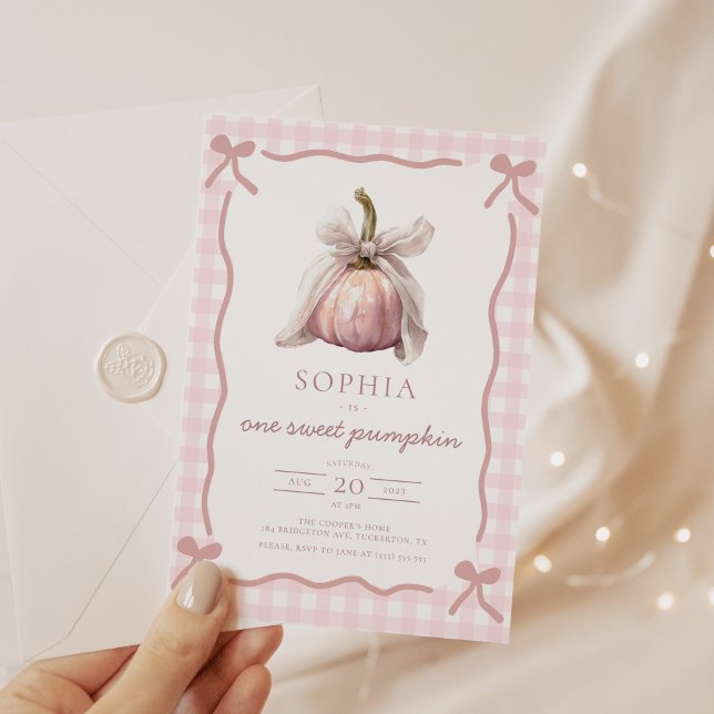 Coquette Pink Bow Pumpkin Fall 1st Birthday Party Invitation (Creator Uploaded)