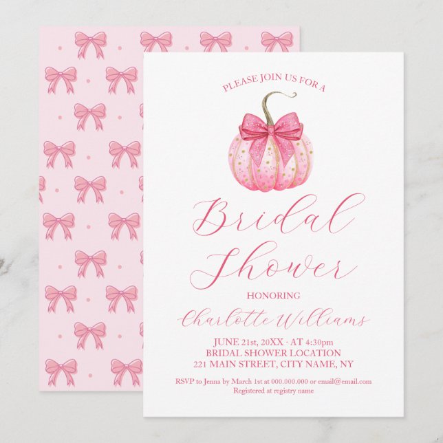 Coquette Pink Bow Pumpkin Halloween Bridal Shower Invitation (Front/Back)