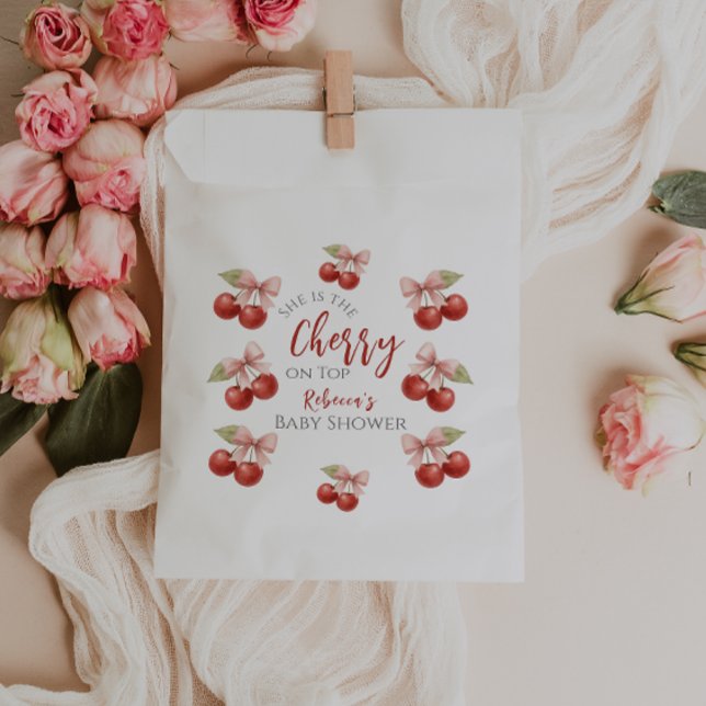 Coquette Pink Bow Red Cherry on Top Baby Shower Favor Bag (Creator Uploaded)