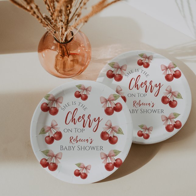 Coquette Pink Bow Red Cherry on Top Baby Shower Paper Plates (Creator Uploaded)
