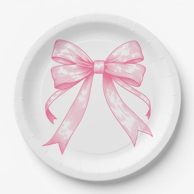Coquette Pink Bow Retro Girl Baby Shower Paper Plates (Front)