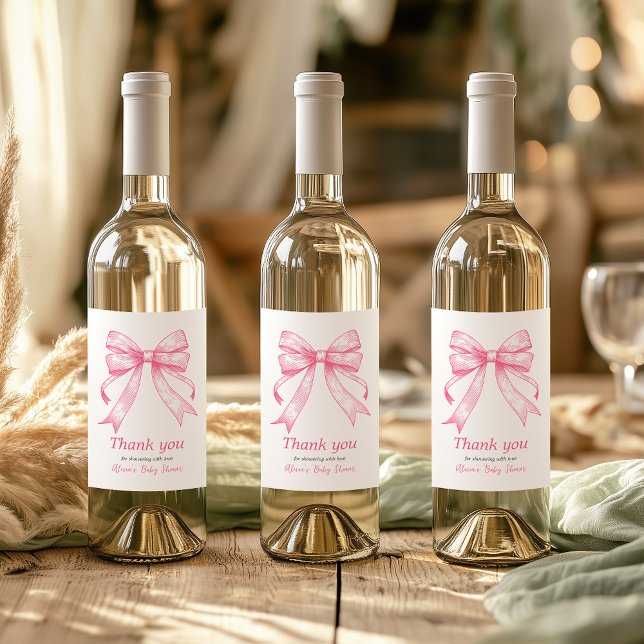 Coquette Pink Bow Retro Girl Baby Shower Wine Label (Creator Uploaded)