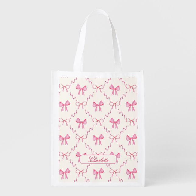 Coquette Pink Bow Reusable Grocery Bag (Front)