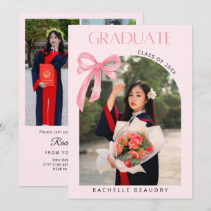 Coquette Pink Bow Ribbon 4 PHOTO Graduation Party Invitation