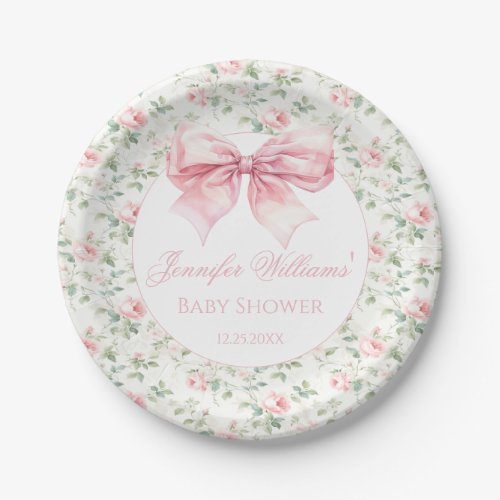 Coquette pink bow ribbon floral baby girl shower paper plates