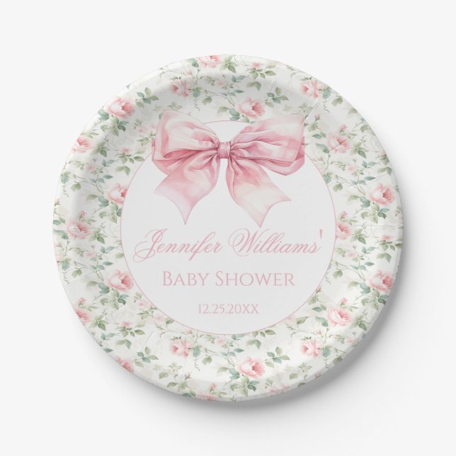 Coquette pink bow ribbon floral baby girl shower paper plates (Front)