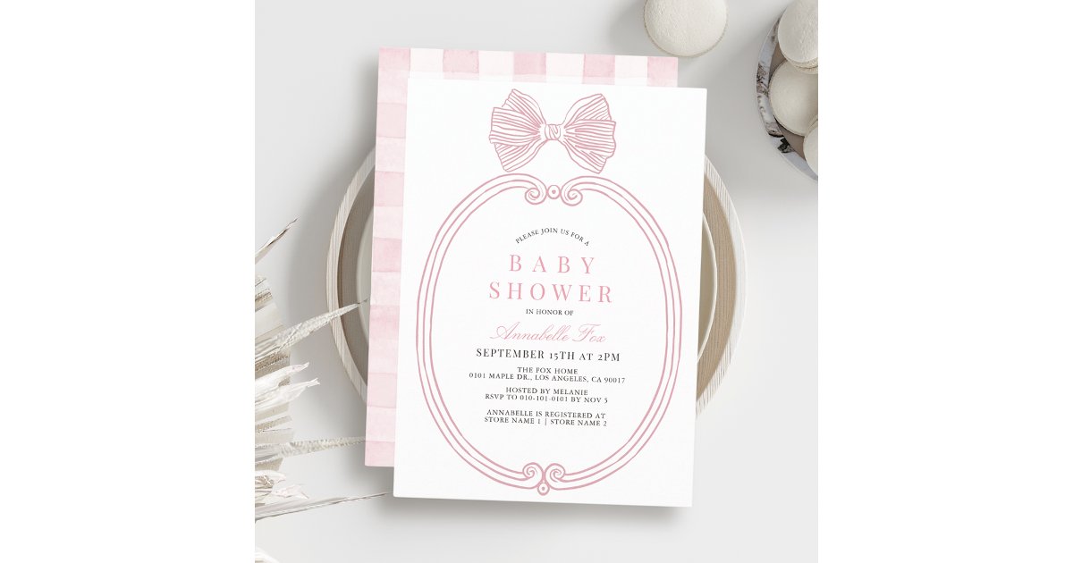 Coquette Pink Bow Ribbon Frame Girl Baby Shower Invitation | Zazzle