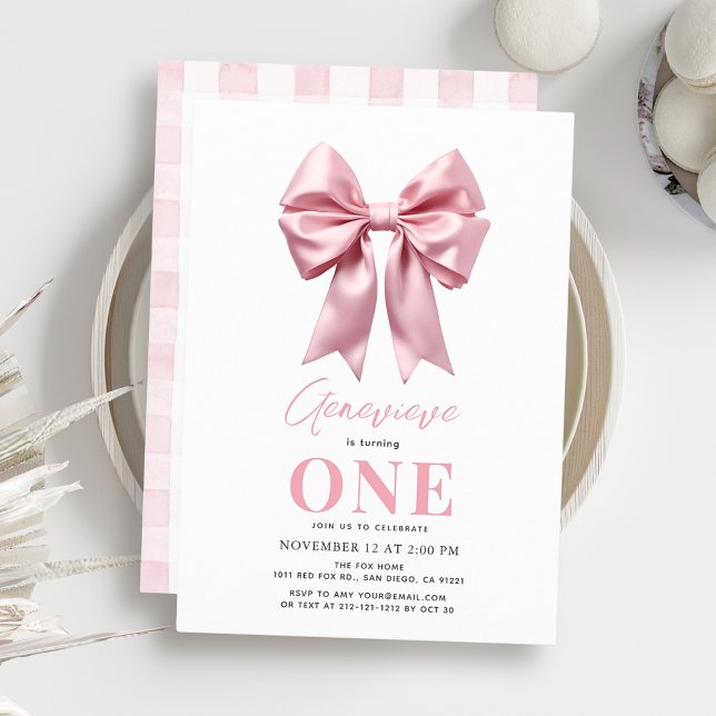 Coquette Pink Bow Ribbon Girl 1st Birthday Invitation (Creator Uploaded)
