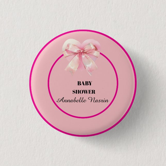 Coquette Pink Bow Ribbon Girl Baby Shower Button (Front)