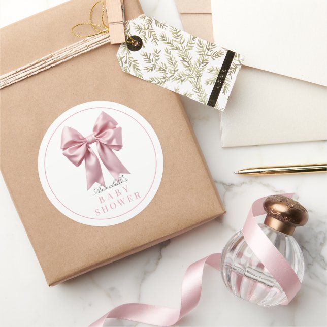 Coquette Pink Bow Ribbon Girl Baby Shower Classic Round Sticker (Gifting)