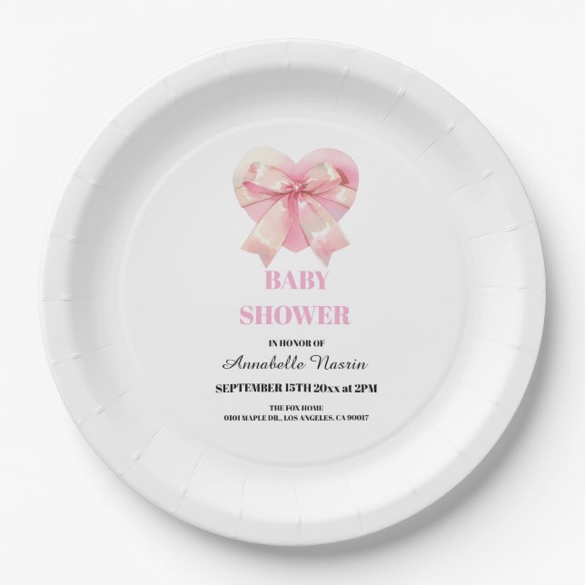 Coquette Pink Bow Ribbon Girl Baby Shower Paper Plates (Front)