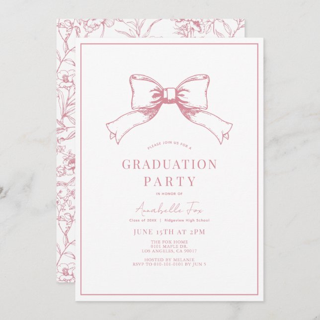 Coquette Pink Bow Ribbon Graduation Party Invitation (Front/Back)