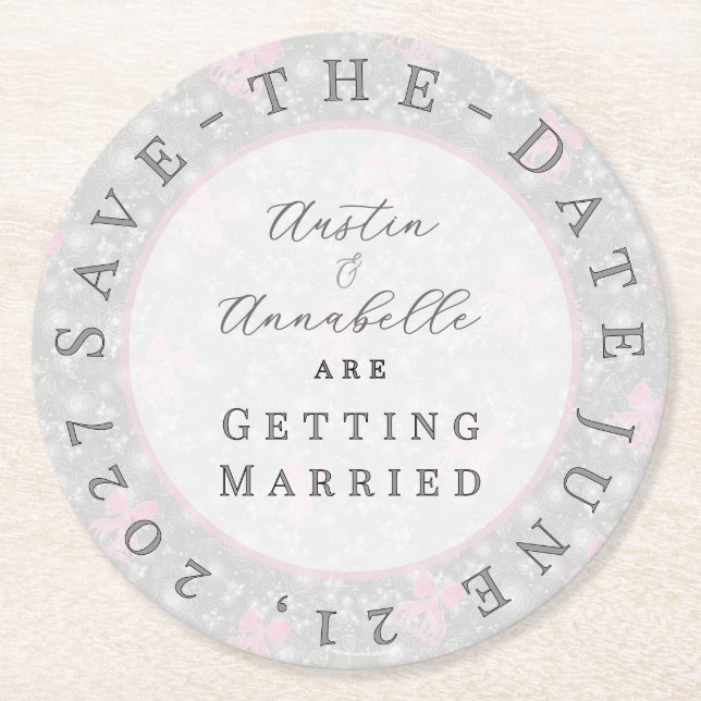 Coquette Pink bow-Save-the-Date coaster (Front)