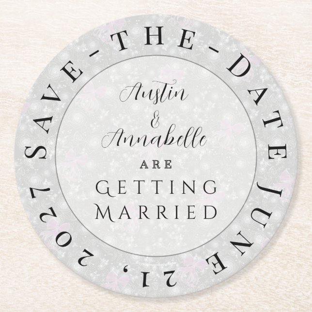 Coquette Pink bow-Save-the-Date coaster (Front)