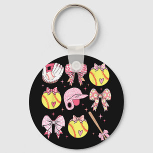 Coquette Pink Bow Softball Mom Mothers Day Keychain