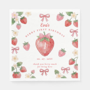 Coquette Pink Bow Strawberry Berry First Birthday Napkins