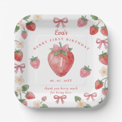 Coquette Pink Bow Strawberry Berry First Birthday Paper Plates