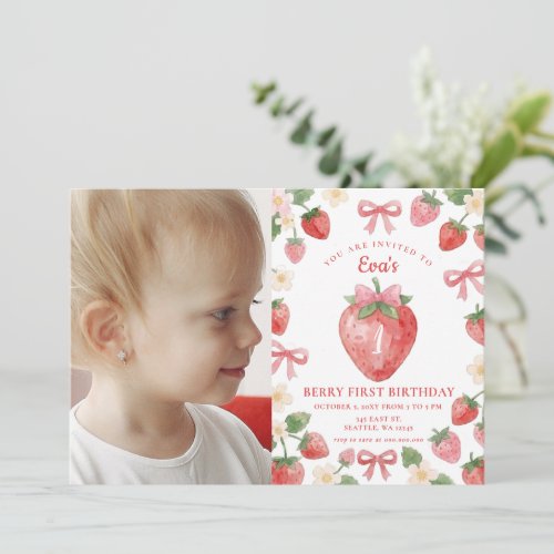 Coquette Pink Bow Strawberry First Birthday Photo Invitation