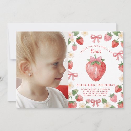 Coquette Pink Bow Strawberry First Birthday Photo Thank You Card