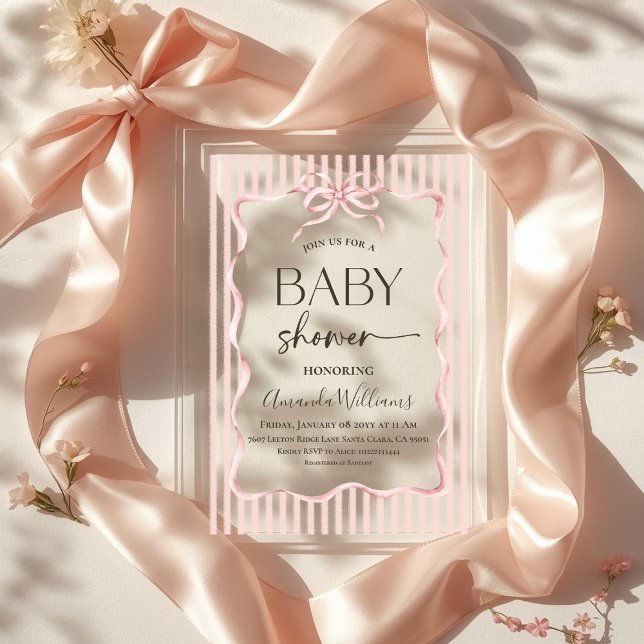 Coquette Pink Bow Stripe Girl Baby Shower Acrylic Invitations (Creator Uploaded)