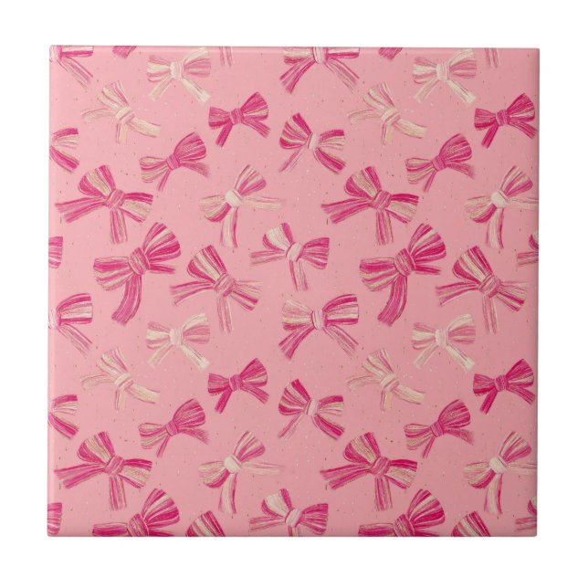 Coquette Pink Bow Stripe Seamless Pattern Ceramic Tile (Front)
