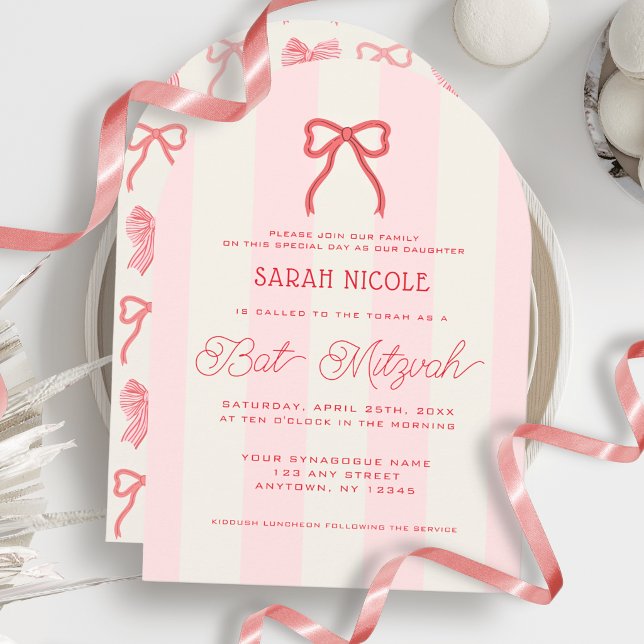 Coquette Pink Bow & Stripes Bat Mitzvah Invitation (Creator Uploaded)