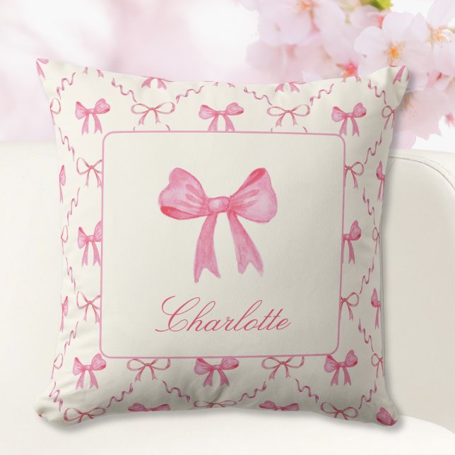 Coquette Pink Bow Throw Pillow (sweet pretty girly pink coquette bow pillow with custom name in script calligraphy, gift for girl)