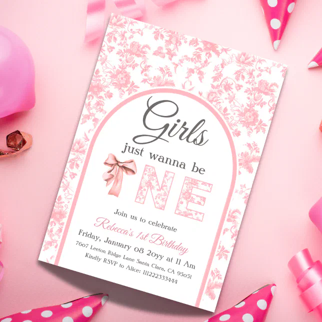 Coquette Pink Bow Toile Girl First 1st Birthday Invitation | Zazzle