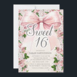 Coquette Pink Bow Vintage Floral Sweet 16 Invitation<br><div class="desc">Elegant and glamorous pink coquette bow with blush pink watercolor vintage floral (roses) and painted green watercolor leaves on pink Sweet 16 birthday party invitation with sparkling silver glitter. Contact me for assistance with your customizations to request additional matching or coordinating Zazzle products for your event.</div>