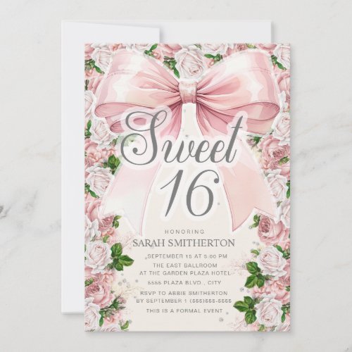 Coquette Pink Bow Vintage Floral Sweet 16 Invitation