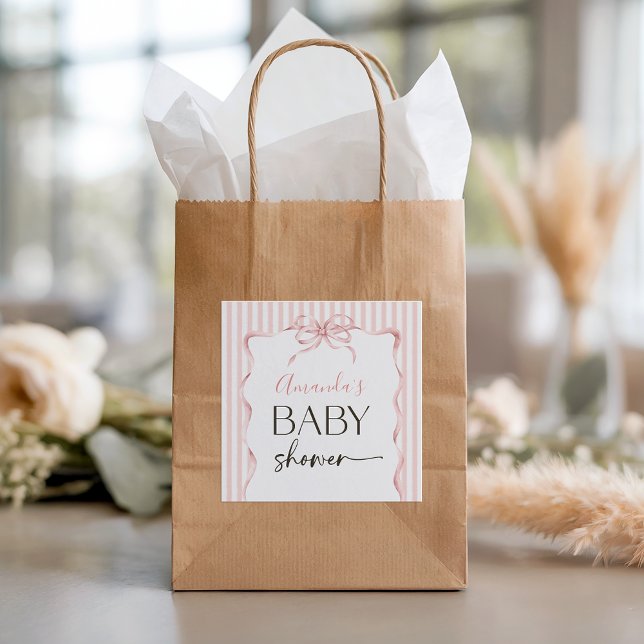 Coquette Pink Bow Wavy Stripe Girl Baby Shower Square Sticker (Creator Uploaded)