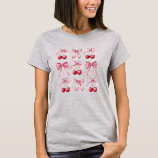 Coquette Pink Bows and Cherries Watercolor Aesthet T-Shirt