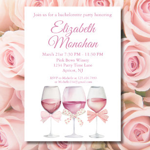 Coquette Pink Bows and Wine Bachelorette Invitation