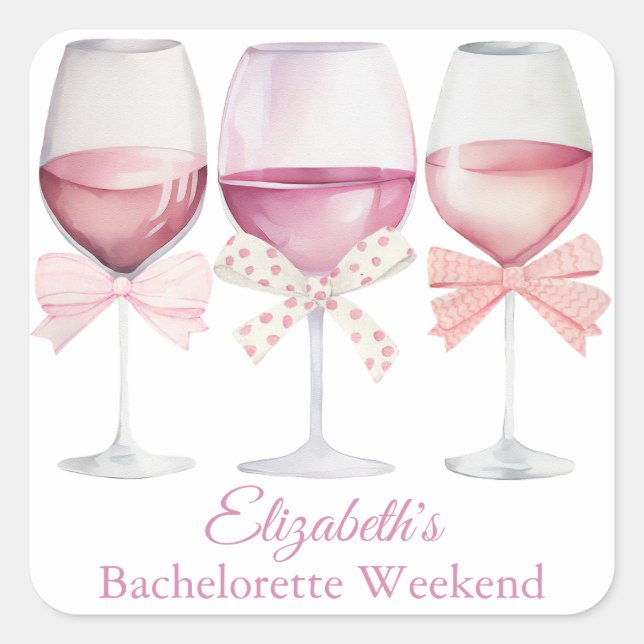 Coquette Pink Bows and Wine Bachelorette Square Sticker (Front)