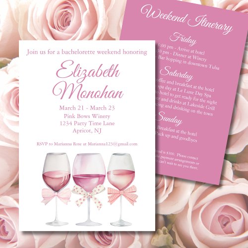 Coquette Pink Bows and Wine Bachelorette Weekend Invitation