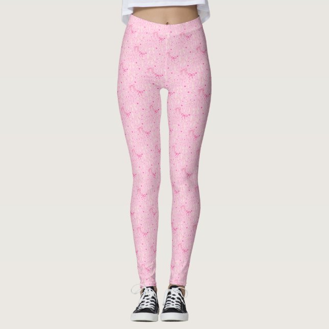 Coquette Pink Bows Hand Drawn Pattern Leggings (Front)