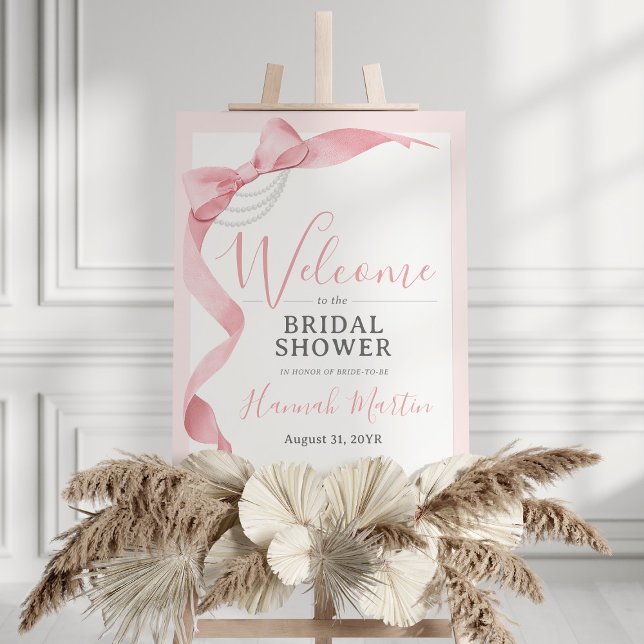 Coquette Pink Bows Pearls Bridal Shower Lg Welcome Foam Board (Cute watercolor coquette bows and pearls feminine pink wedding bridal shower welcome sign 24x36")