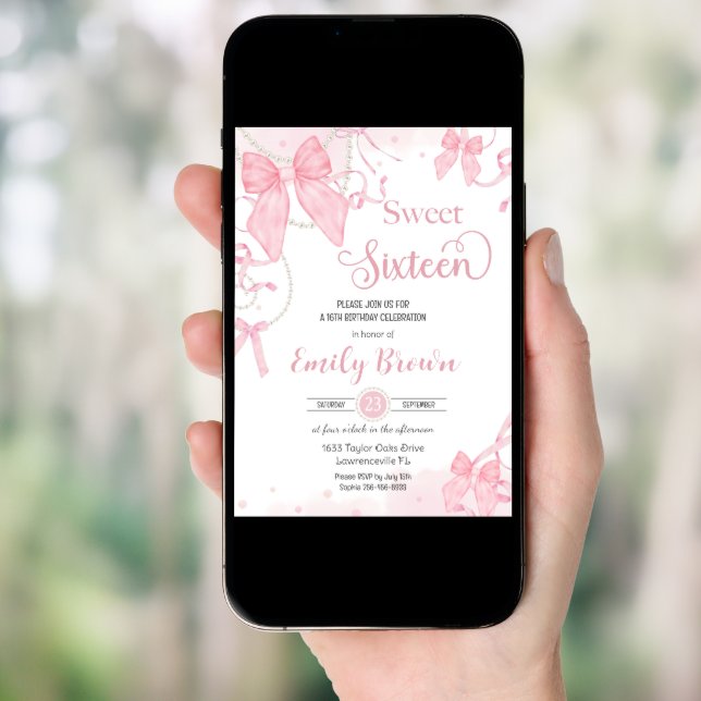Coquette Pink Bows Pearls Sweet Sixteen Birthday Invitation (Front Digital)