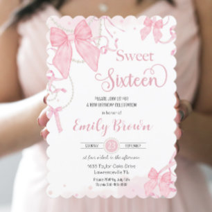 Coquette Pink Bows Pearls Sweet Sixteen Birthday Invitation