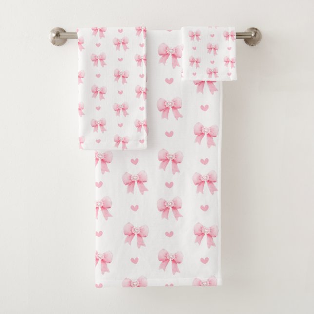 Coquette Pink Bows Ribbons Seamless Pattern  Bath Towel Set (Insitu)