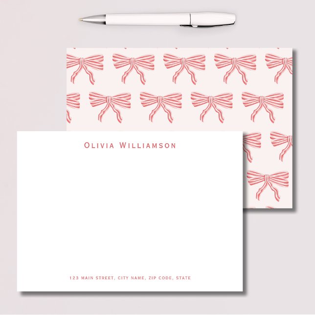 Coquette pink bows thank you card (Cute pink striped bow personalized notecards for coquette aesthetic.)
