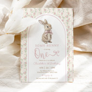 Coquette Pink Bunny Vintage Rabbit 1st Birthday Invitation