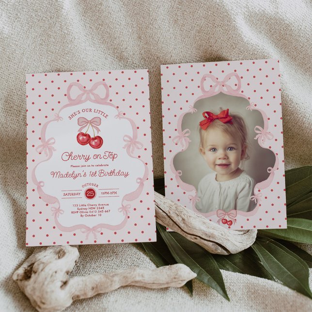 Coquette Pink Cherry On Top Girl 1st Birthday Invitation (Creator Uploaded)