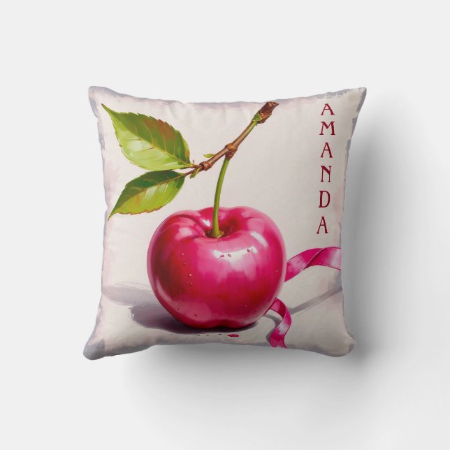 Coquette Pink Cherry with Leaves and Ribbon Throw Pillow (Back)