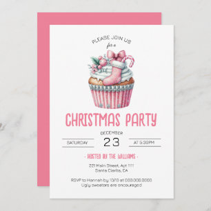Coquette Pink Cupcake Christmas Party Invitation
