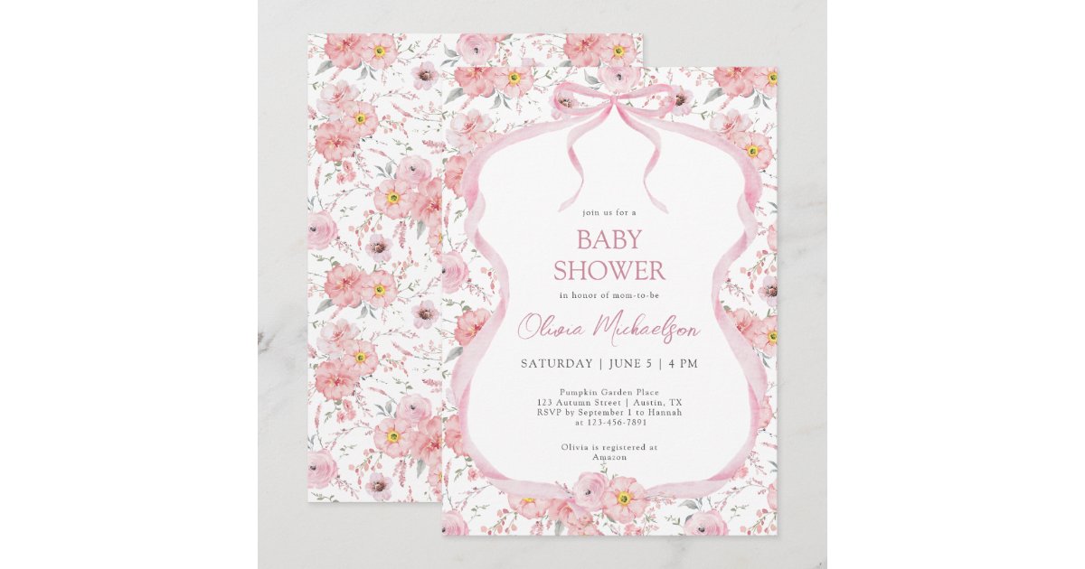 Coquette Pink Floral Ribbon Bow Girl Baby Shower Invitation | Zazzle