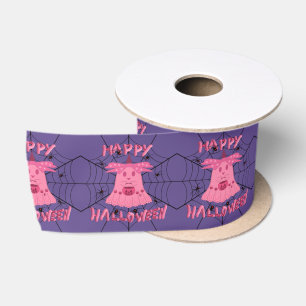 Coquette Pink Ghost Happy Halloween Digital Art Satin Ribbon