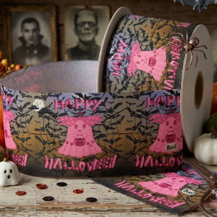 Coquette Pink Ghost Happy Halloween Digital Art Satin Ribbon