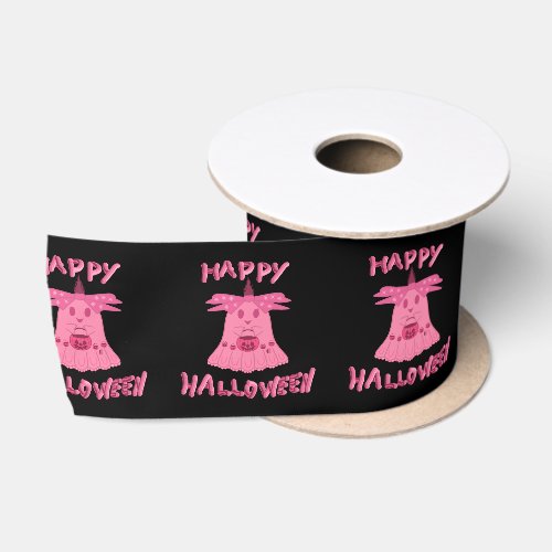 Coquette Pink Ghost Happy Halloween Digital Art Satin Ribbon